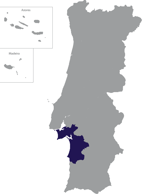 Landkaart Portugal grijs met district Setúbal donkerblauw op transparante achtergrond - 600 * 733 pixels